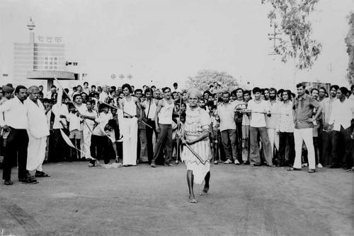 An ancient picture of people Performing Art during the Pratap Jayanti Procession 